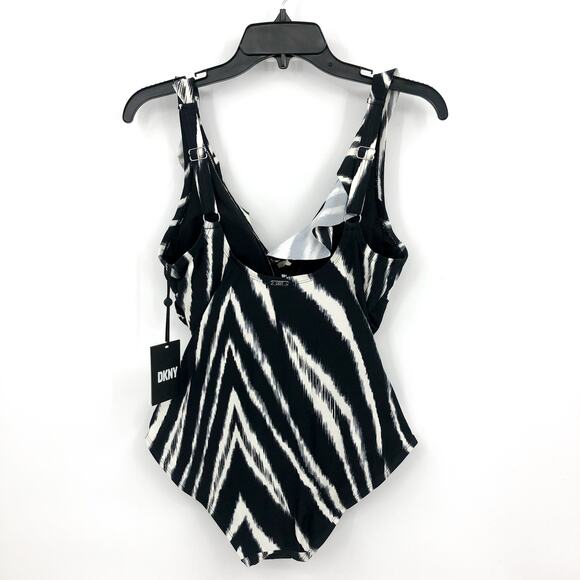 DKNY Ruffle One-piece Swimsuit Size 10 Black White Zebra Tummy Control NWT - Picture 4 of 12